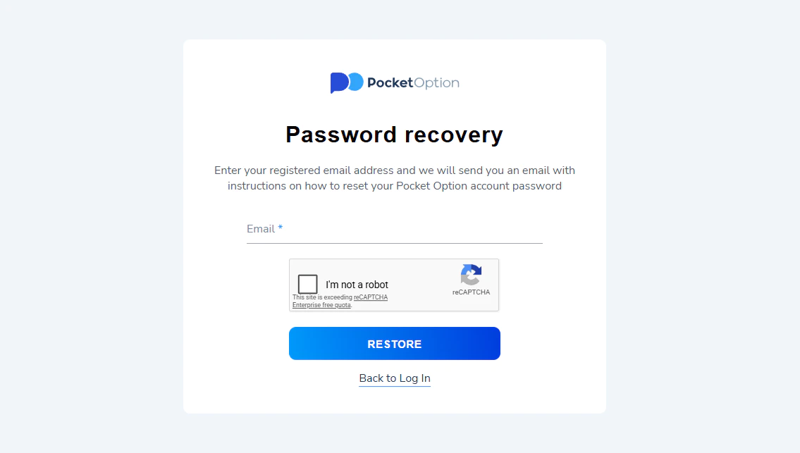Pocket Option password recovery page